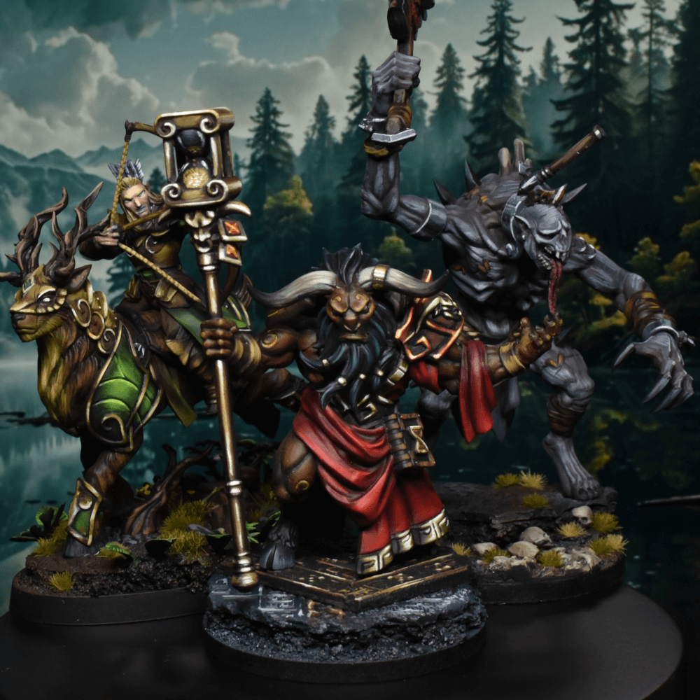 Three professionally painted fantasy miniatures for D&D, featuring an elf, a minotaur, and a monster