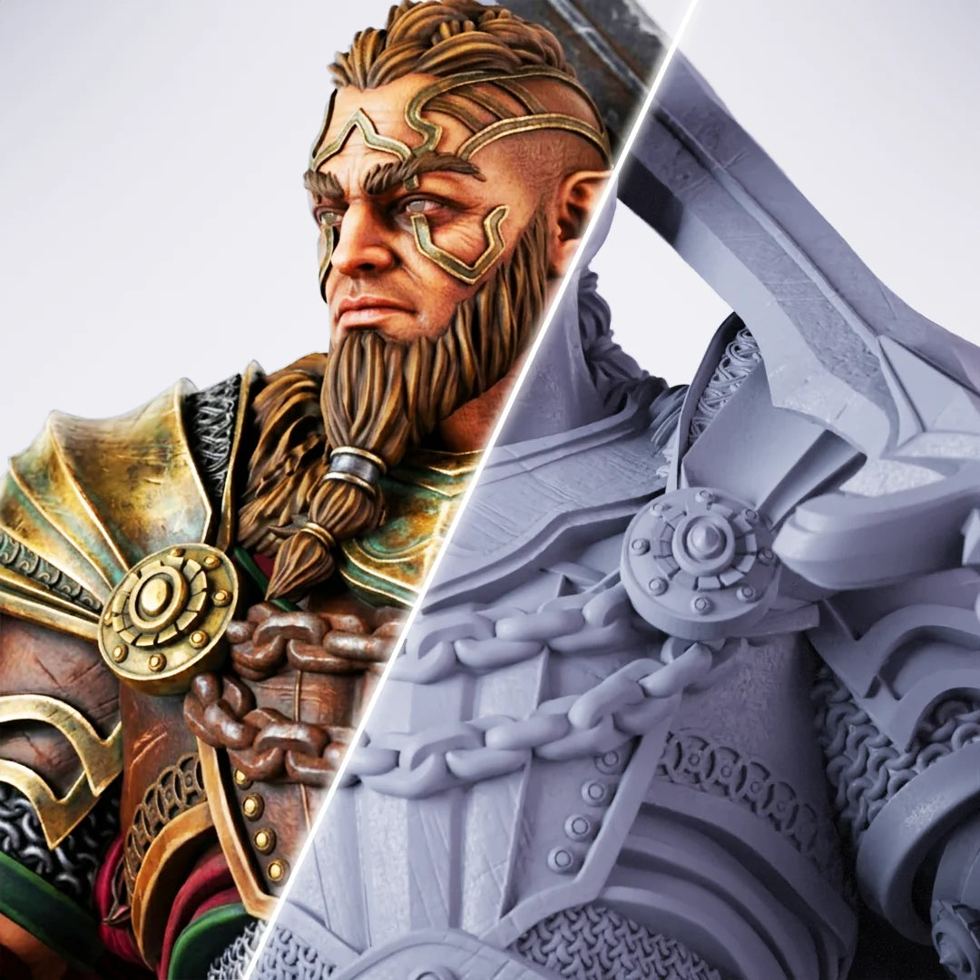 Akranak – painted/unpainted split view of a large male barbarian/warrior miniature with braided brown beard, gold-trimmed heavy armor and chains, wielding a massive longsword