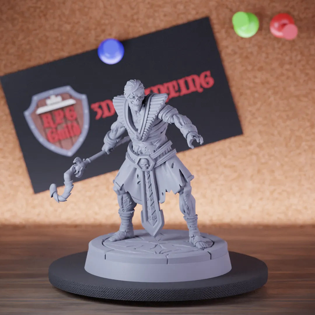 Highly detailed undead lord mummy wand miniature of Ancient, perfect for DnD 5e encounters, fantasy tabletop RPG campaigns, painting and display.