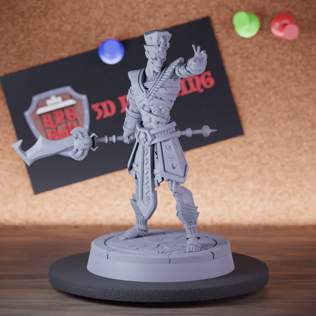 Highly detailed undead lord mummy glaive miniature of Ancient, perfect for DnD 5e encounters, fantasy tabletop RPG campaigns, painting and display.