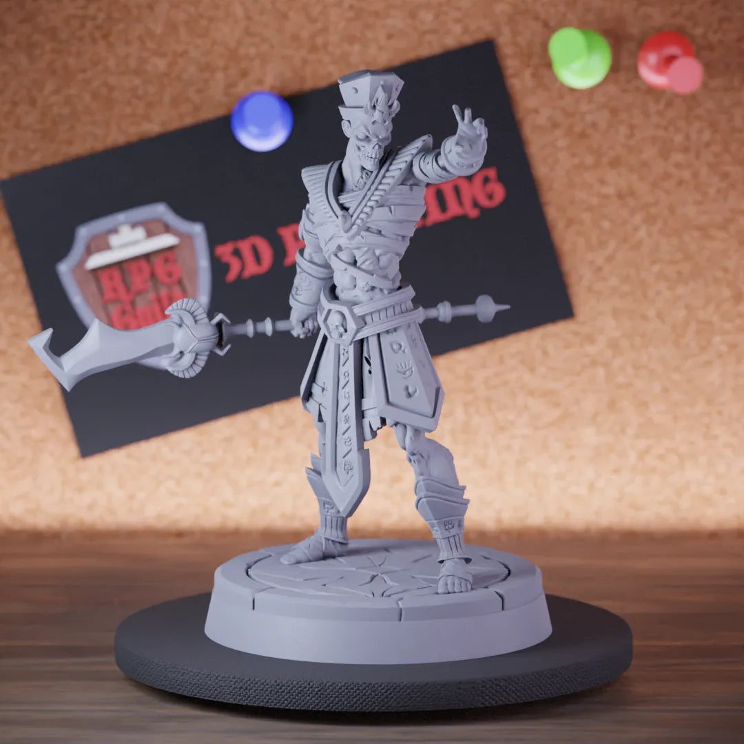 Highly detailed undead lord mummy glaive miniature of Ancient, perfect for DnD 5e encounters, fantasy tabletop RPG campaigns, painting and display.