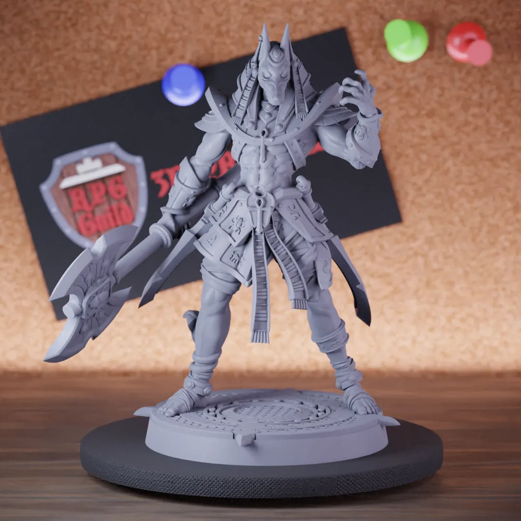 Highly detailed ancient warrior jackal battleaxe miniature of Ancient, perfect for DnD 5e encounters, fantasy tabletop RPG campaigns, painting and display.