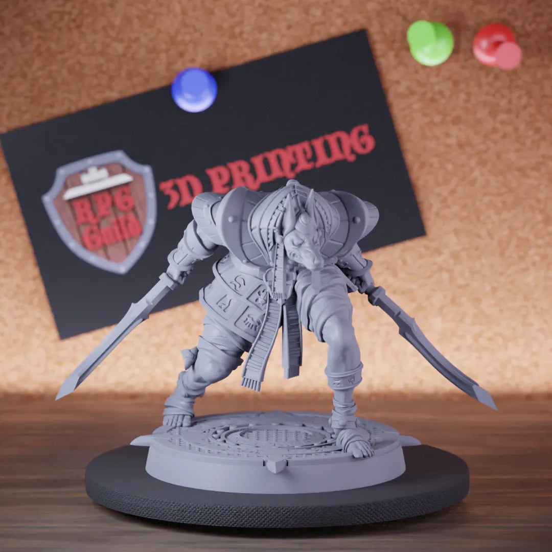 Highly detailed ancient warrior jackal double scimitar miniature of Ancient, perfect for DnD 5e encounters, fantasy tabletop RPG campaigns, painting and display.