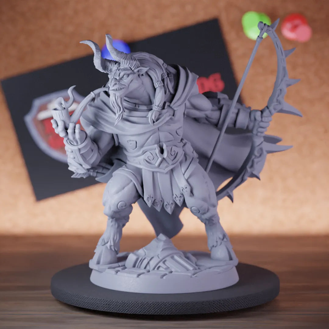 Highly detailed fighter minotaur hunter arcos bounty miniature of Arkos, perfect for DnD 5e encounters, fantasy tabletop RPG campaigns, painting and display.