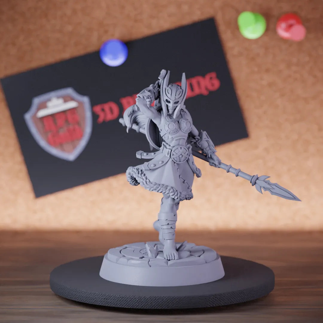 Highly detailed female armored warrior valkyrie miniature of Armored, perfect for DnD 5e encounters, fantasy tabletop RPG campaigns, painting and display.