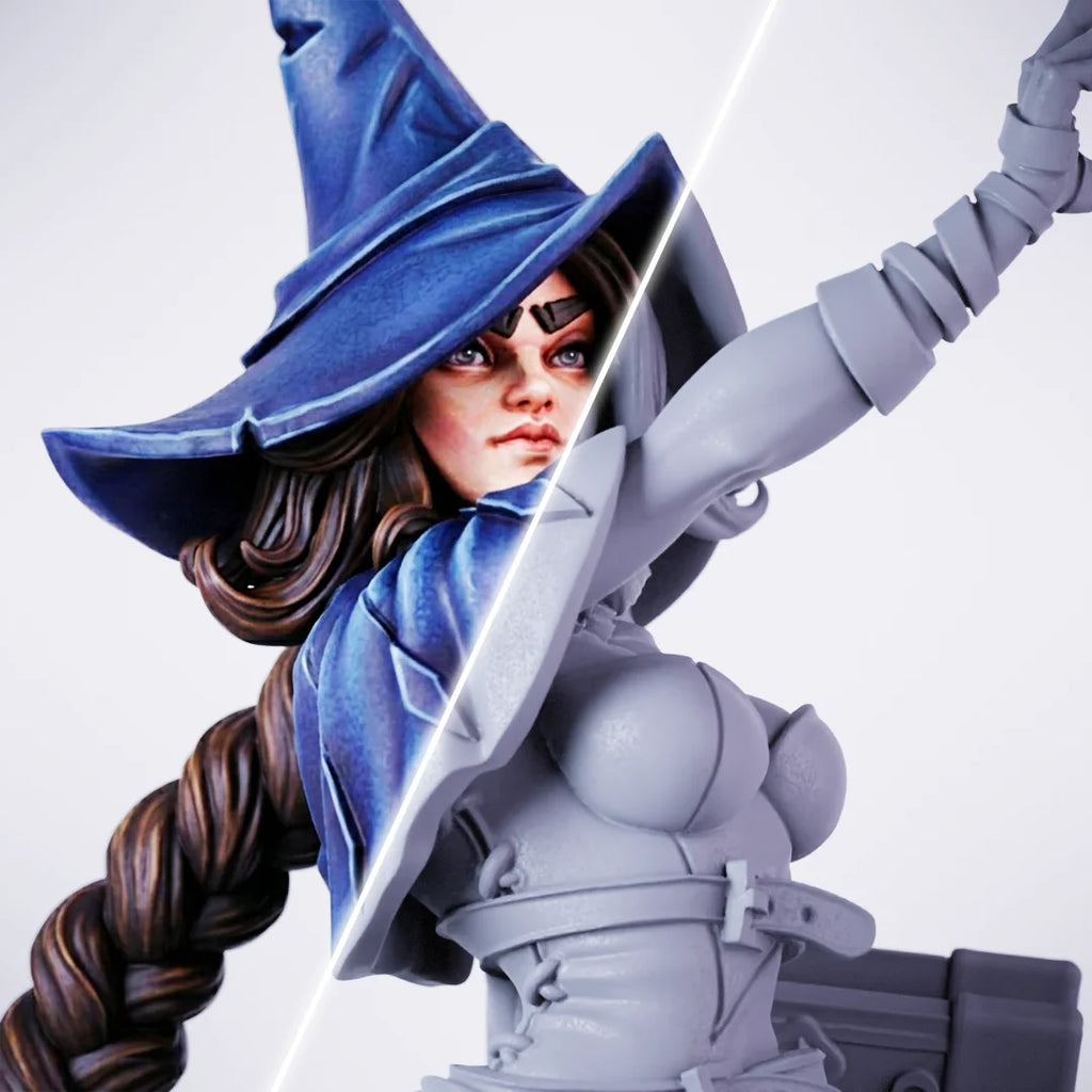 Aurelia Walking – painted/unpainted split view of a female wizard miniature wearing a large blue pointed hat, with long braided hair, arm raised in a dynamic spellcasting pose
