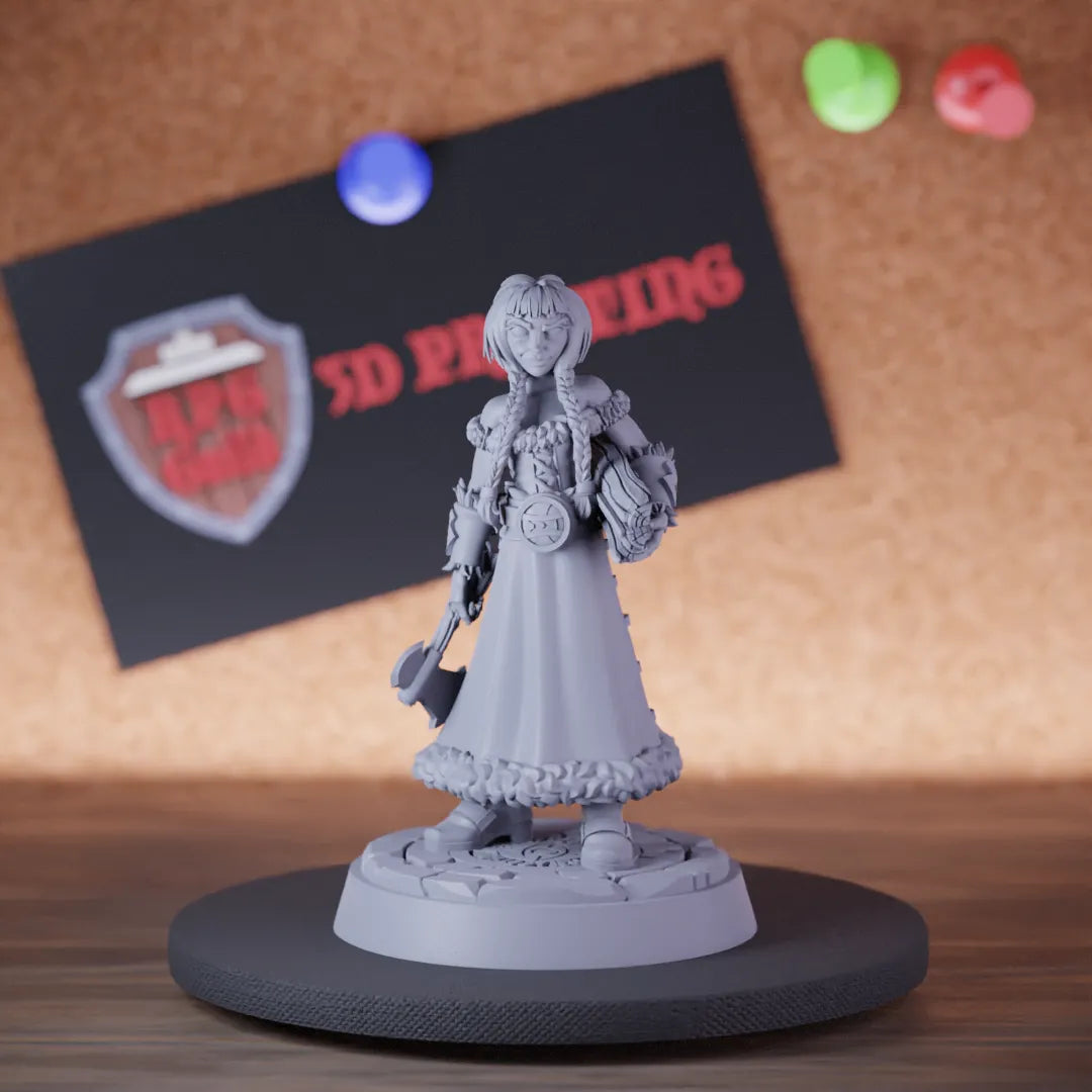 Highly detailed female northwoman warrior axe miniature of Axe, perfect for DnD 5e encounters, fantasy tabletop RPG campaigns, painting and display.