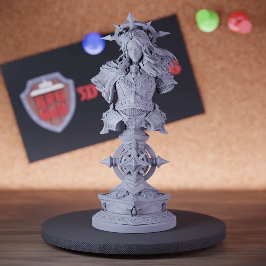 Highly detailed female bust paladin collecting miniature of BUST, perfect for DnD 5e encounters, fantasy tabletop RPG campaigns, painting and display.