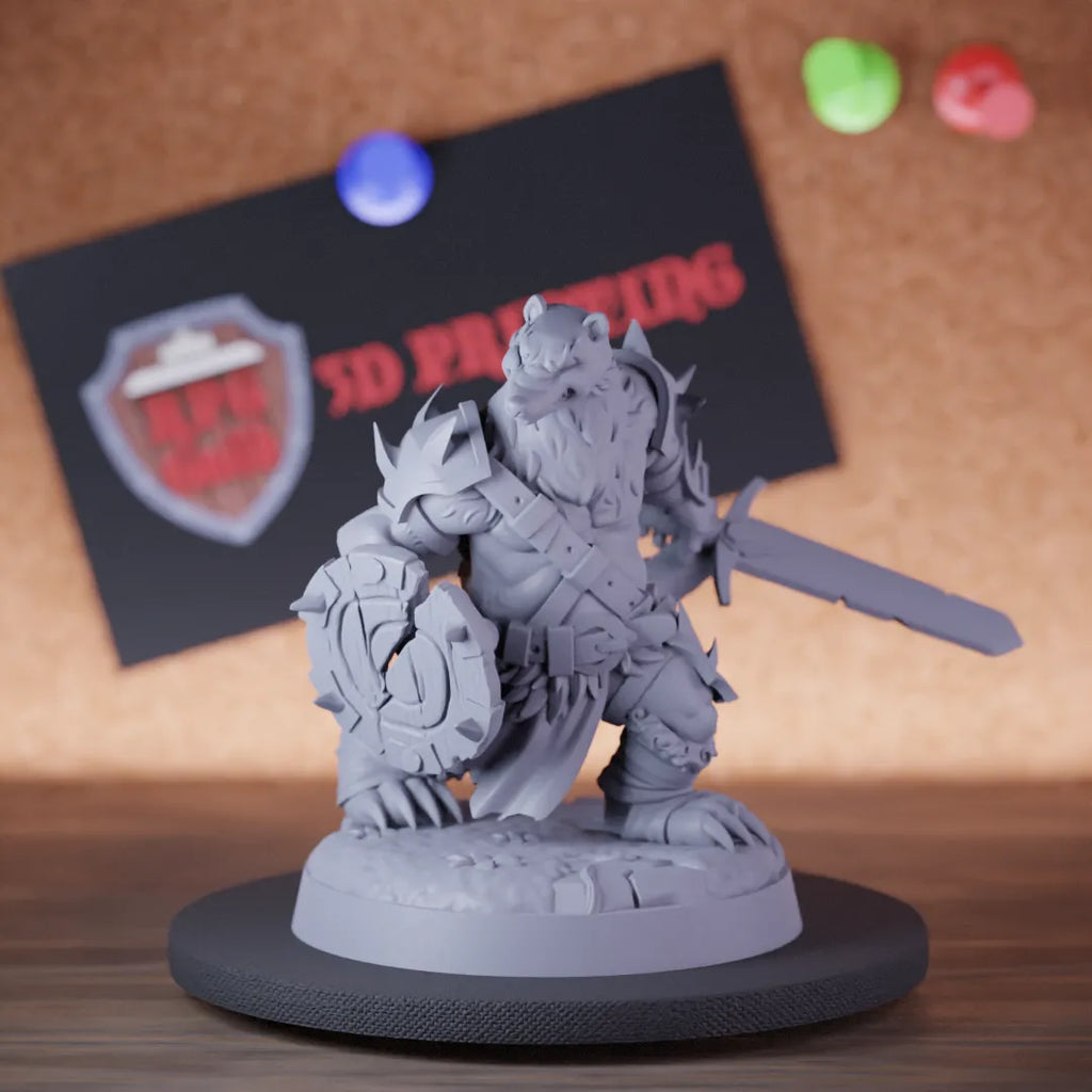 Highly detailed barbarian badgerfolk sword shield miniature of Badger, perfect for DnD 5e encounters, fantasy tabletop RPG campaigns, painting and display.