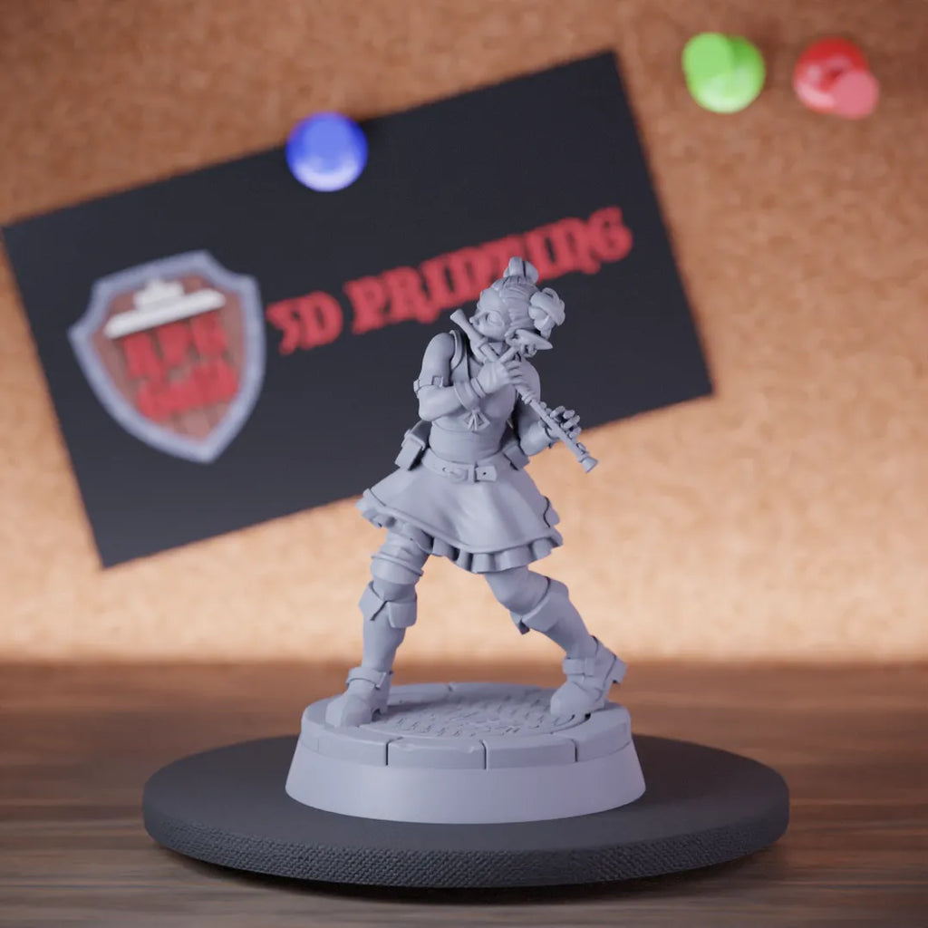 Highly detailed female bard college spirits flute miniature of Bard, perfect for DnD 5e encounters, fantasy tabletop RPG campaigns, painting and display.