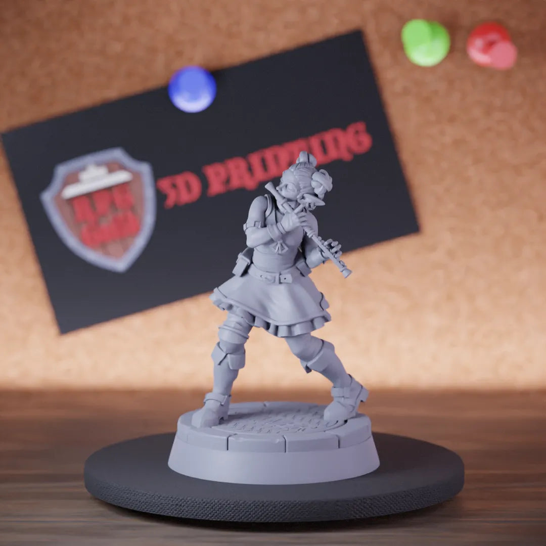 Highly detailed female bard college spirits flute miniature of Bard, perfect for DnD 5e encounters, fantasy tabletop RPG campaigns, painting and display.