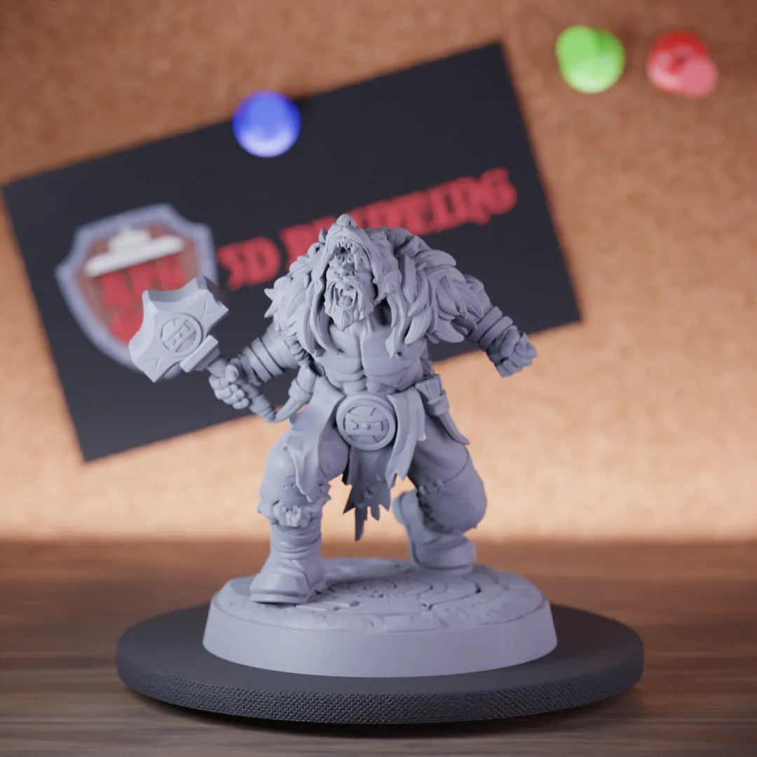 Highly detailed fighter human berserk hammer miniature of Berserk, perfect for DnD 5e encounters, fantasy tabletop RPG campaigns, painting and display.