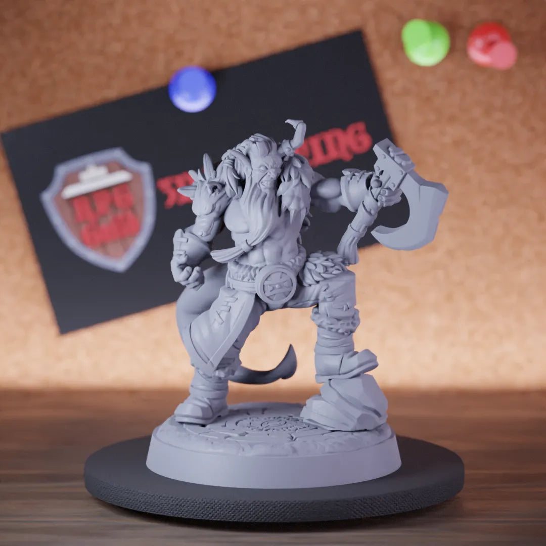 Highly detailed fighter tiefling berserk axe miniature of Berserk, perfect for DnD 5e encounters, fantasy tabletop RPG campaigns, painting and display.