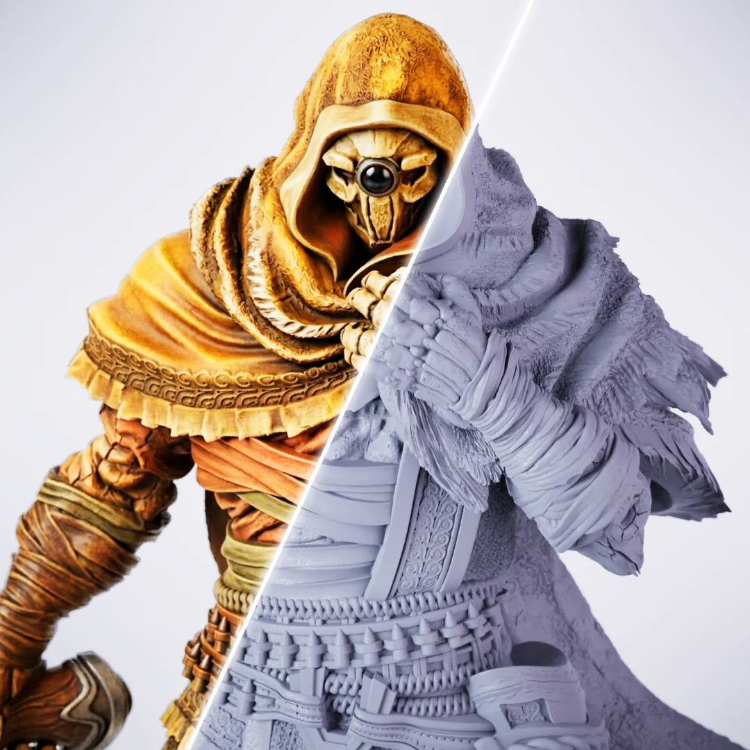 Big Iron – painted/unpainted split view of a hooded desert-sorcerer miniature wearing a golden insectoid mask with a single eye, swathed in ornate robes and bandages