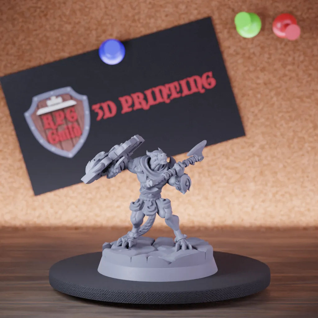 Highly detailed fighter dragonborn shield battleaxe miniature of BruldobDragonshield, perfect for DnD 5e encounters, fantasy tabletop RPG campaigns, painting and display.