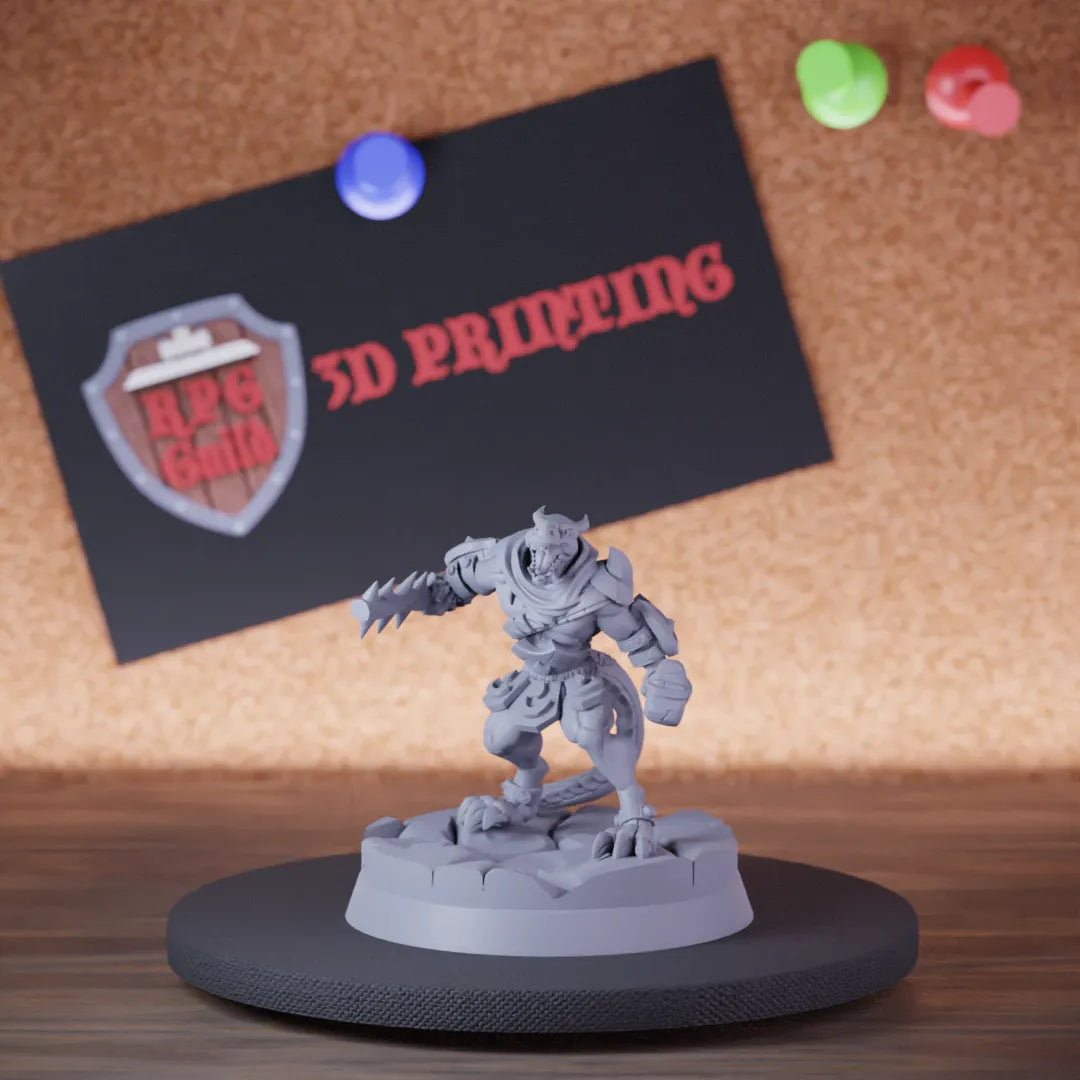 Highly detailed fighter warrior dragonborn mace miniature of BruldobDragonshield, perfect for DnD 5e encounters, fantasy tabletop RPG campaigns, painting and display.