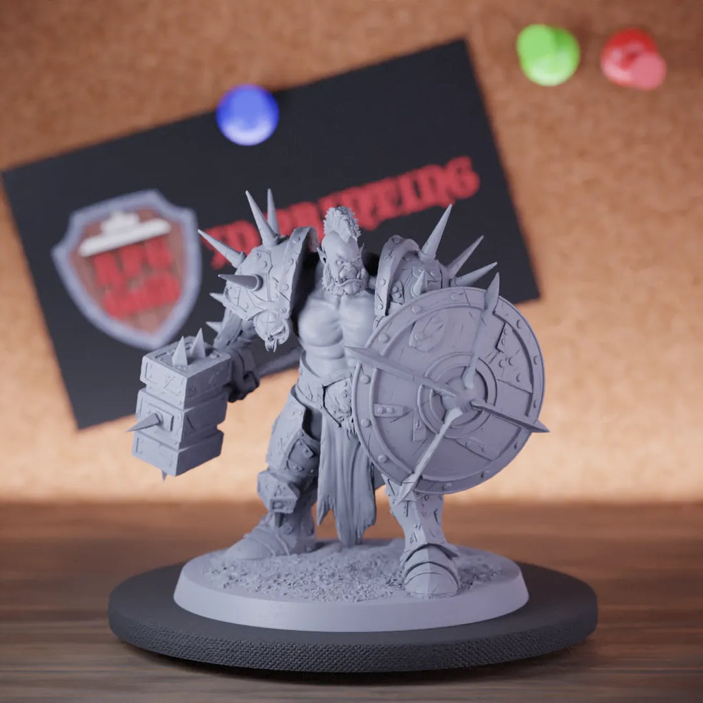 Highly detailed orc warrior brutal elite hammer shield miniature of BrutalOrc, perfect for DnD 5e encounters, fantasy tabletop RPG campaigns, painting and display.