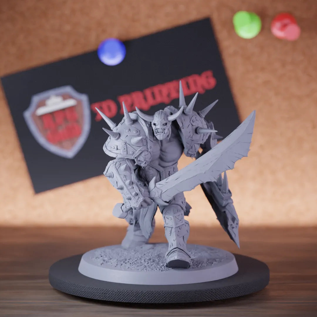 Highly detailed orc warrior brutal elite sword axe miniature of BrutalOrc, perfect for DnD 5e encounters, fantasy tabletop RPG campaigns, painting and display.