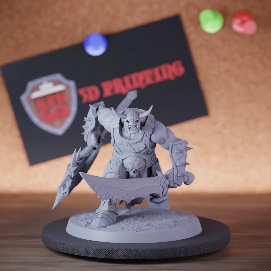 Highly detailed orc warrior brutal elite sword haldberd miniature of BrutalOrc, perfect for DnD 5e encounters, fantasy tabletop RPG campaigns, painting and display.