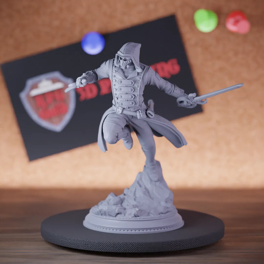 Highly detailed rogue human assassin miniature of Brutus, perfect for DnD 5e encounters, fantasy tabletop RPG campaigns, painting and display.