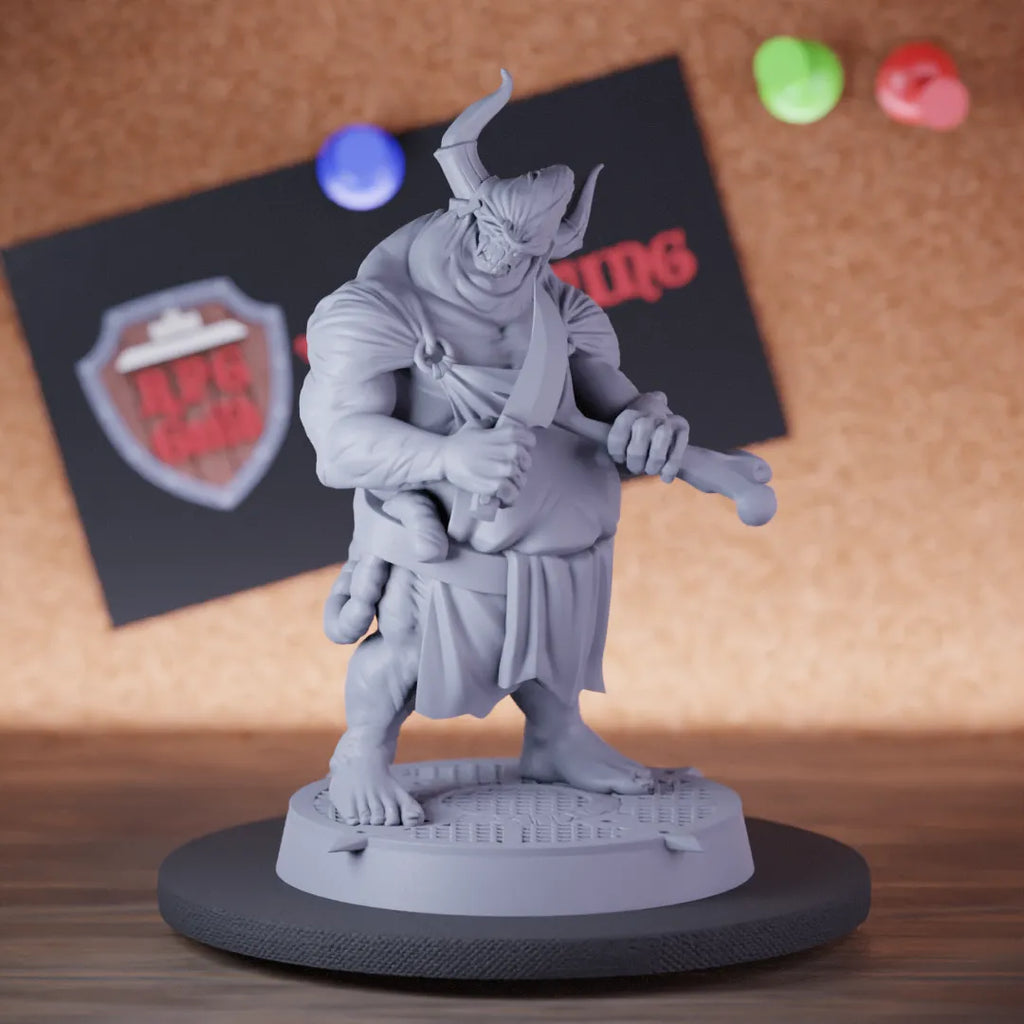 Highly detailed demon butcher sharpening dagger miniature of Butcher, perfect for DnD 5e encounters, fantasy tabletop RPG campaigns, painting and display.