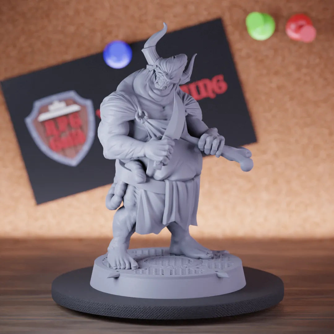 Highly detailed demon butcher sharpening dagger miniature of Butcher, perfect for DnD 5e encounters, fantasy tabletop RPG campaigns, painting and display.