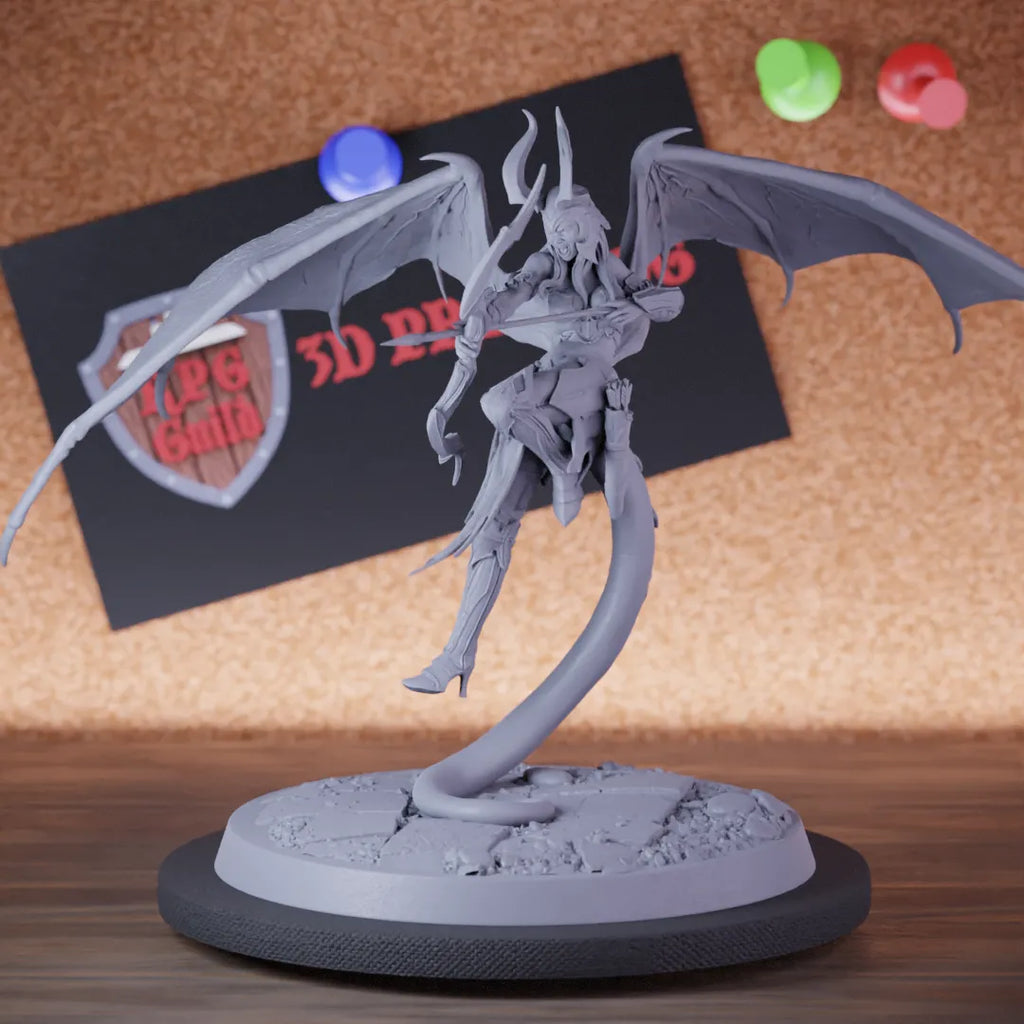 Highly detailed female demon warrior campion bow miniature of Cambion, perfect for DnD 5e encounters, fantasy tabletop RPG campaigns, painting and display.