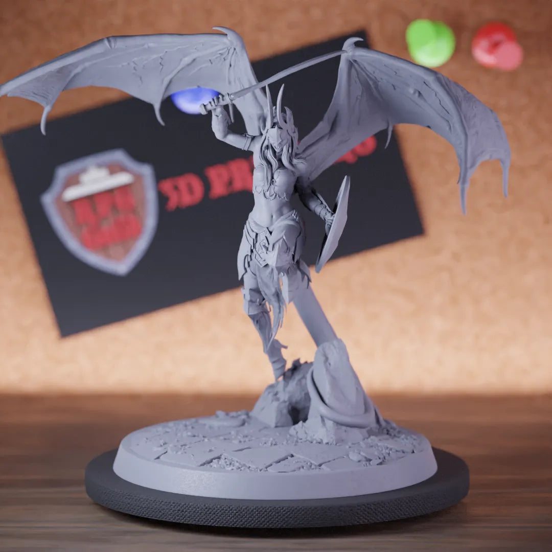 Highly detailed female fighter demon campion sword miniature of Cambion, perfect for DnD 5e encounters, fantasy tabletop RPG campaigns, painting and display.