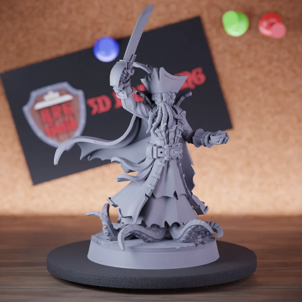 Highly detailed pirate mind flayer illithid miniature of Captain, perfect for DnD 5e encounters, fantasy tabletop RPG campaigns, painting and display.