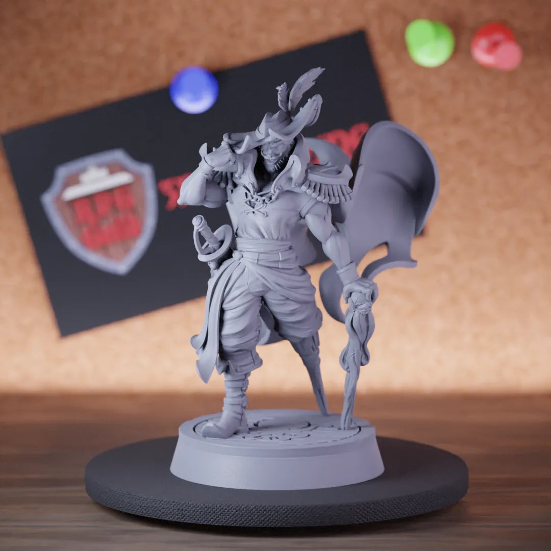 Highly detailed pirate captain legendary corsair miniature of Captain, perfect for DnD 5e encounters, fantasy tabletop RPG campaigns, painting and display.