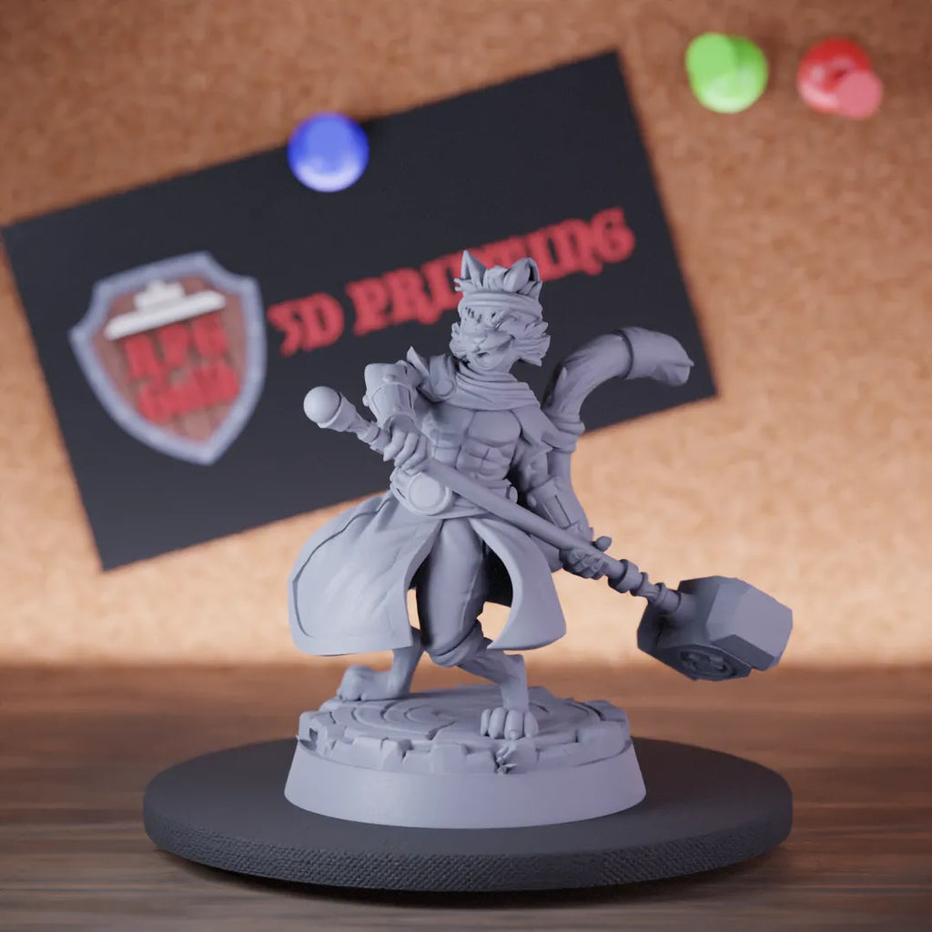 Highly detailed barbarian warrior catfolk sledgehammer miniature of Catfolk, perfect for DnD 5e encounters, fantasy tabletop RPG campaigns, painting and display.
