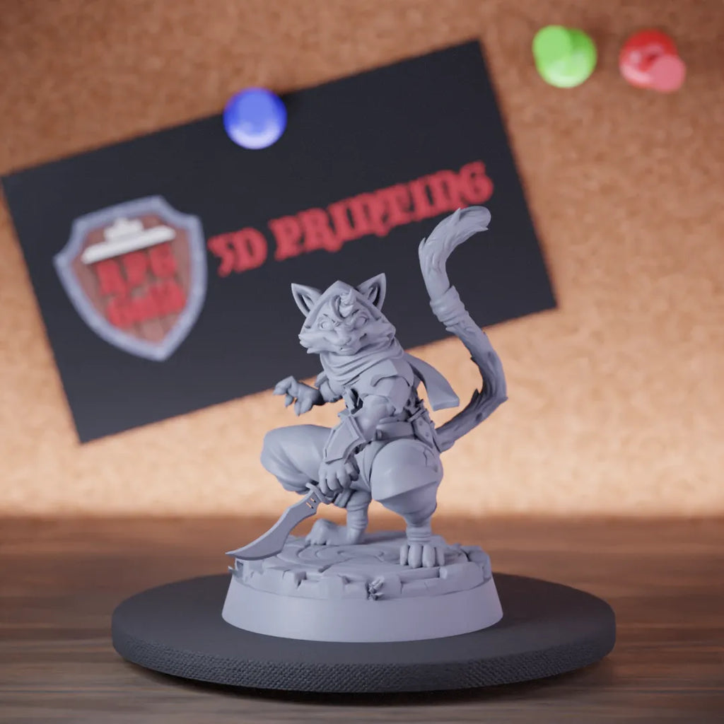 Highly detailed rogue catfolk persian dagger miniature of Catfolk, perfect for DnD 5e encounters, fantasy tabletop RPG campaigns, painting and display.