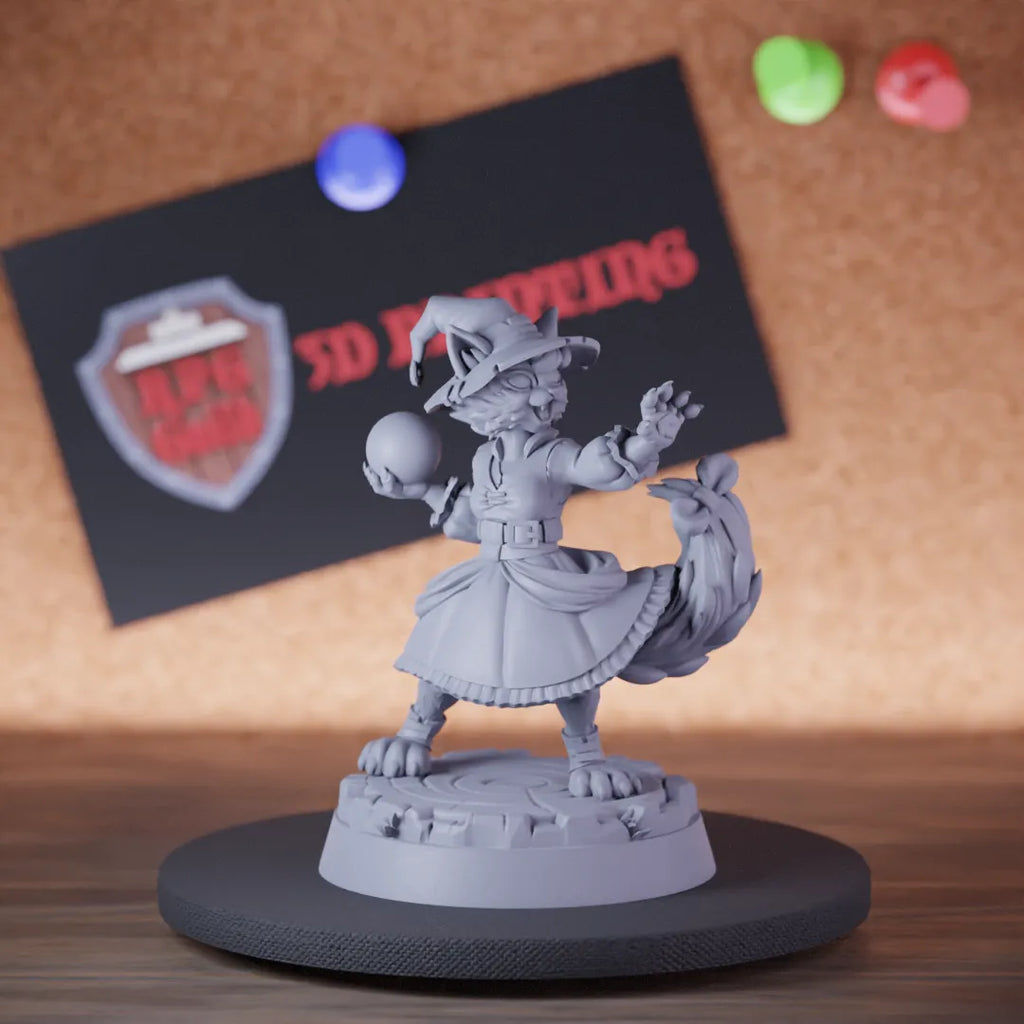 Highly detailed wizard catfolk orb spellcaster miniature of Catfolk, perfect for DnD 5e encounters, fantasy tabletop RPG campaigns, painting and display.
