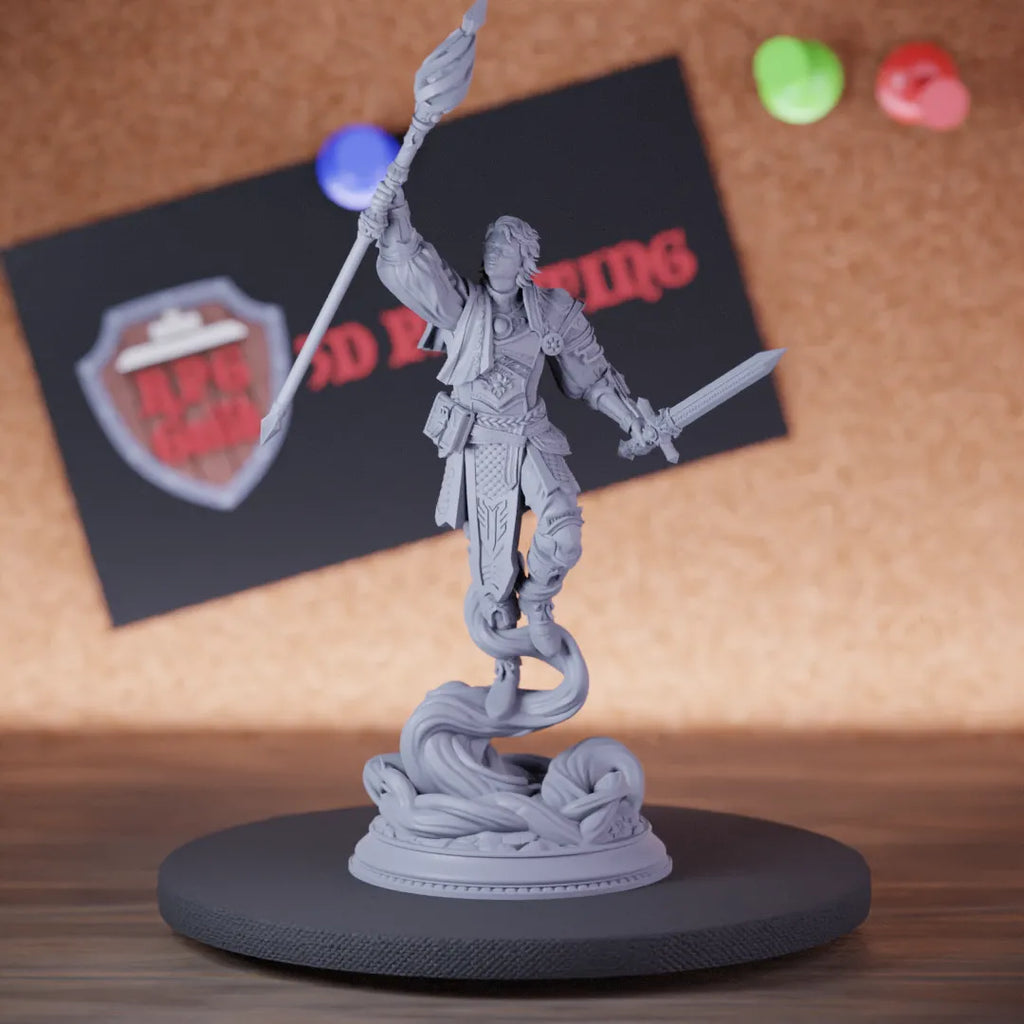 Highly detailed wizard greater human sorcerer miniature of Chandler, perfect for DnD 5e encounters, fantasy tabletop RPG campaigns, painting and display.