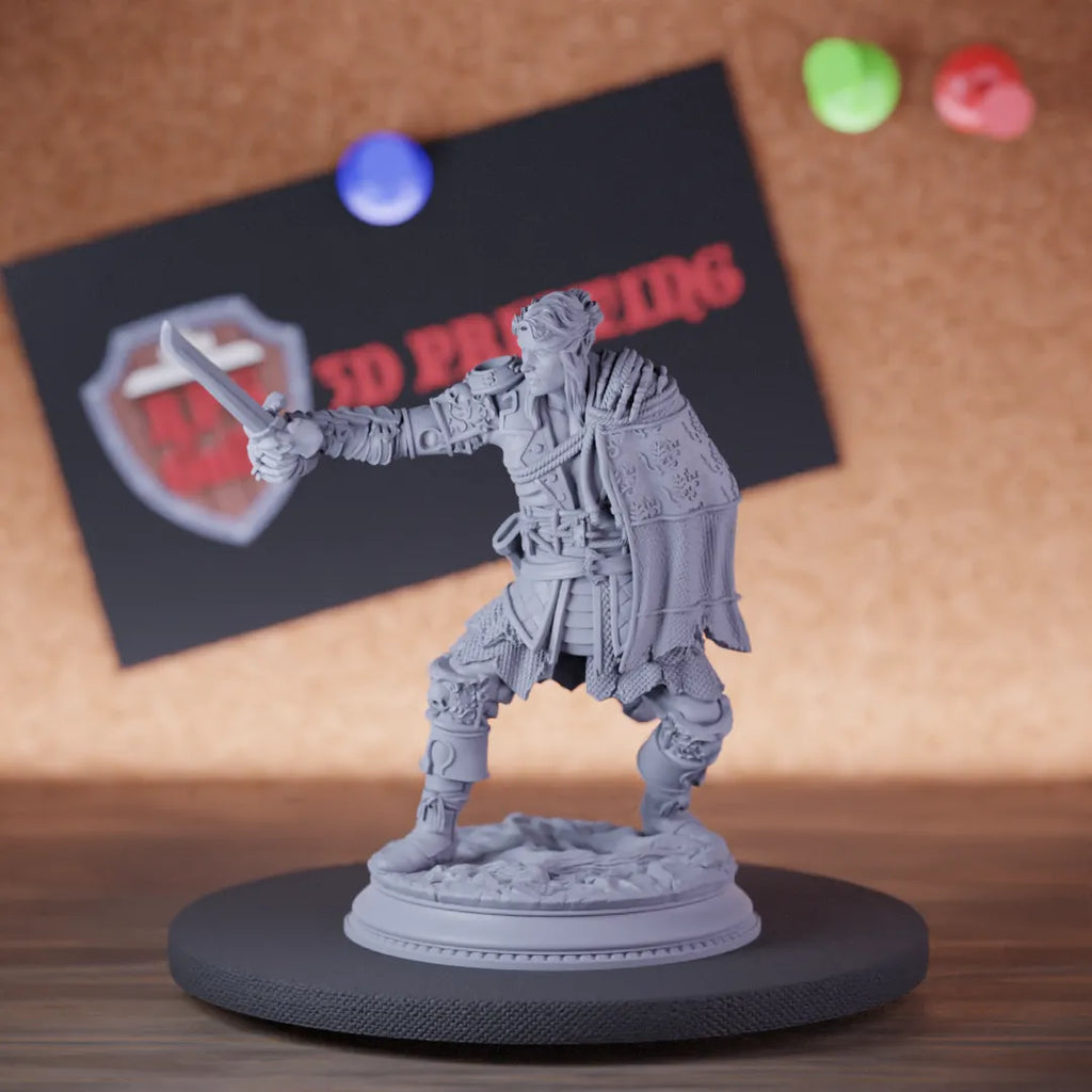 Highly detailed elf lord swordsman fencer miniature of Corin, perfect for DnD 5e encounters, fantasy tabletop RPG campaigns, painting and display.