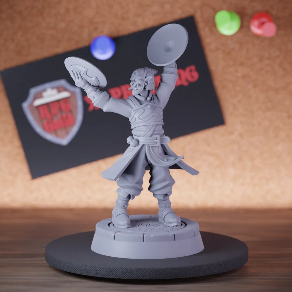 Highly detailed bard fiend cymbal master mask miniature of Cymbal, perfect for DnD 5e encounters, fantasy tabletop RPG campaigns, painting and display.