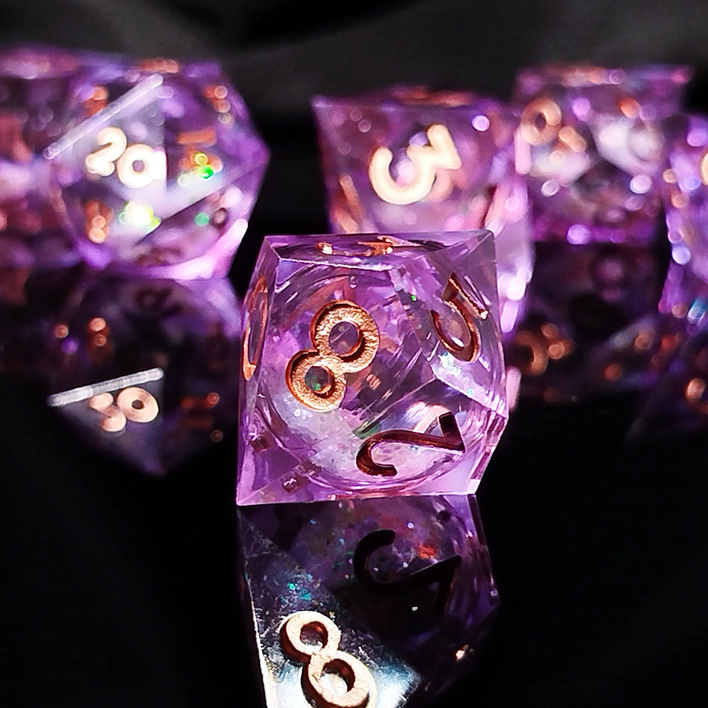 Handgefertigte DnD-Würfel | 7er-Set | Lila Glitzer