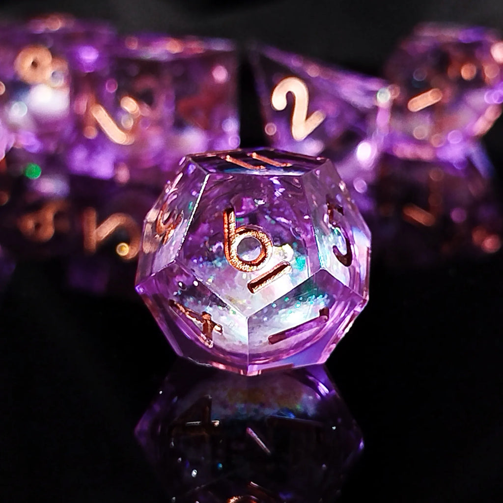 Handgefertigte DnD-Würfel | 7er-Set | Lila Glitzer