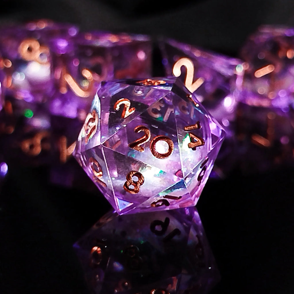 Handgefertigte DnD-Würfel | 7er-Set | Lila Glitzer