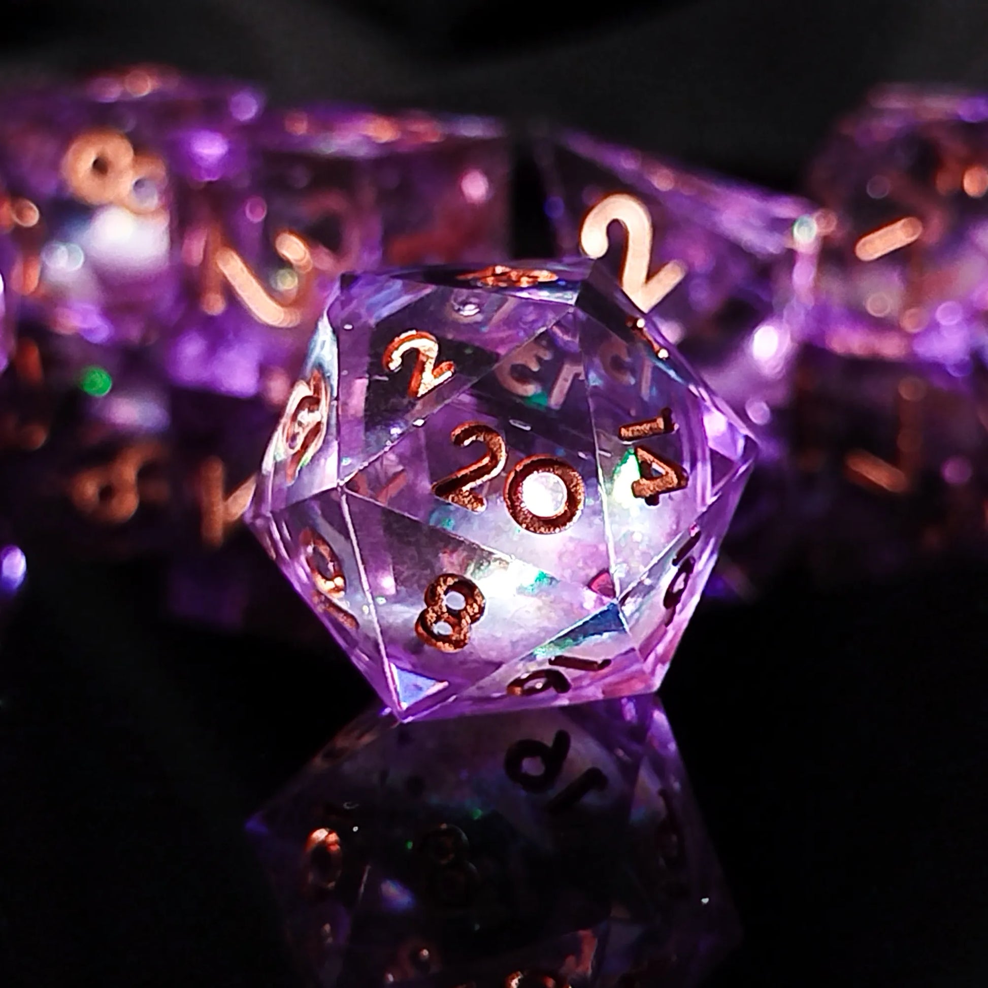 Handgefertigte DnD-Würfel | 7er-Set | Lila Glitzer