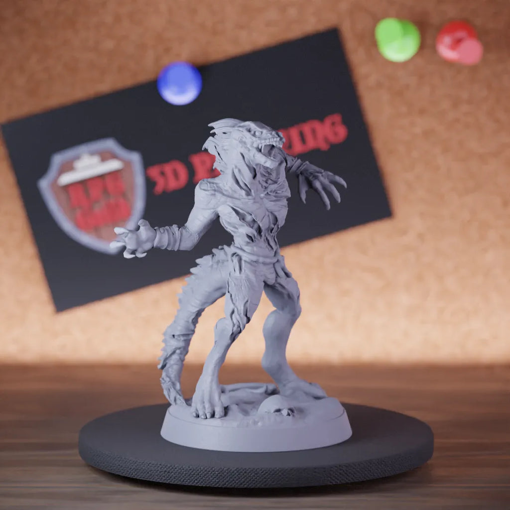 Highly detailed undead lesser lizardfolk zombie miniature of DD, perfect for DnD 5e encounters, fantasy tabletop RPG campaigns, painting and display.