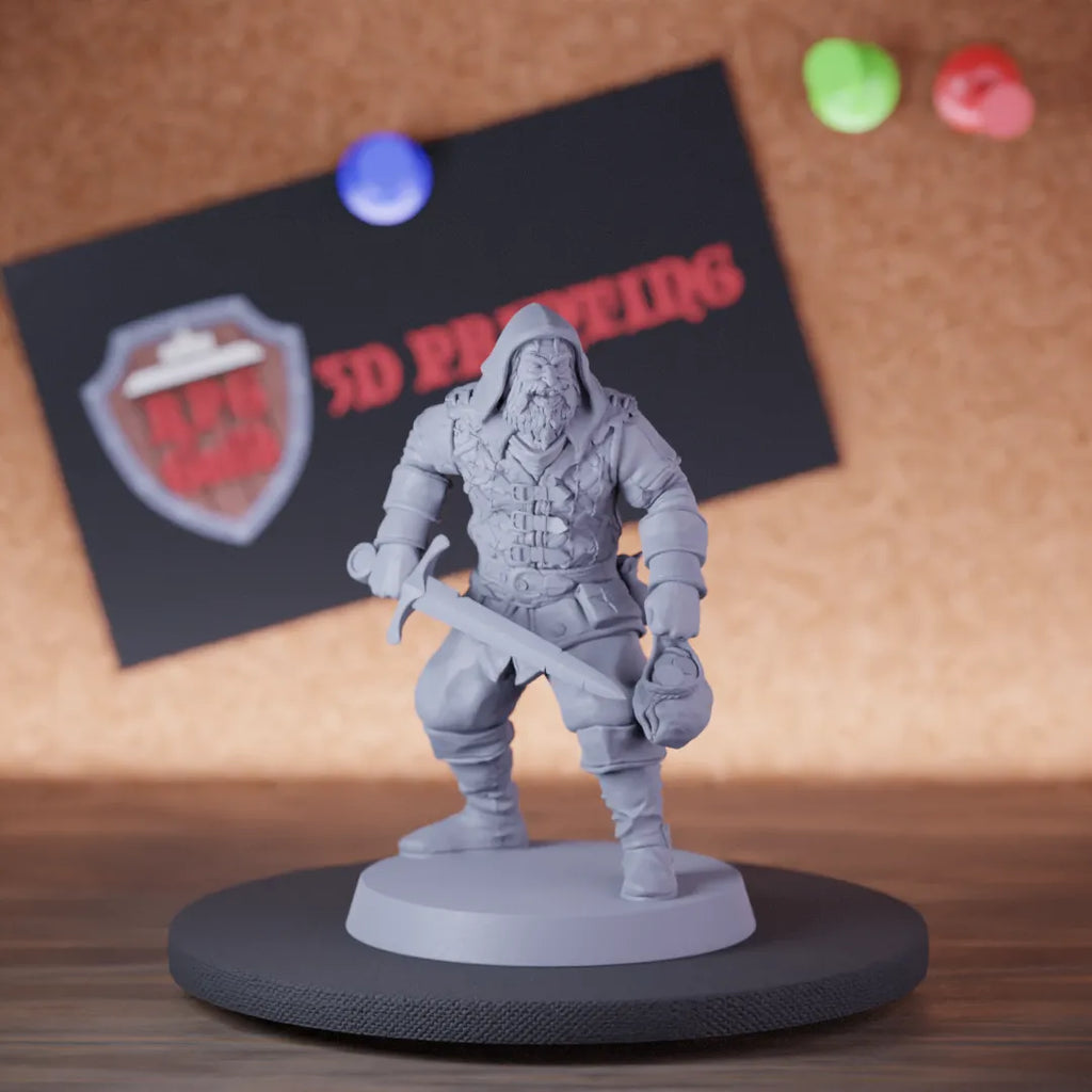 Highly detailed fighter human bandit sword miniature of DD, perfect for DnD 5e encounters, fantasy tabletop RPG campaigns, painting and display.