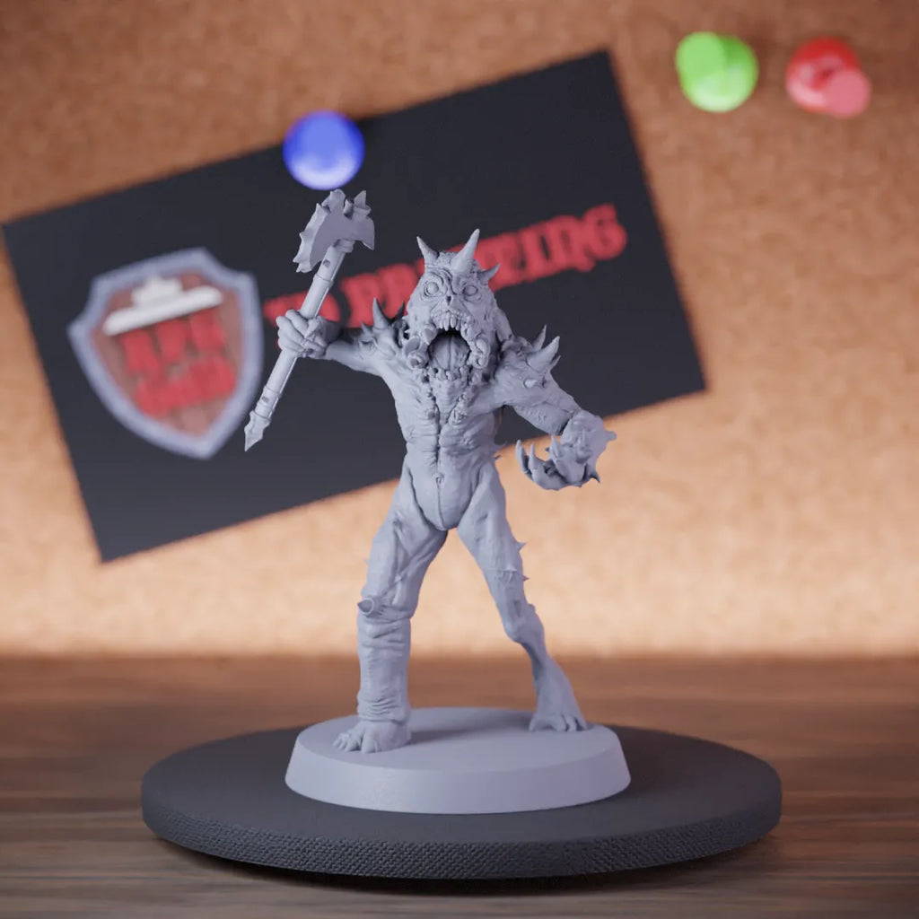 Highly detailed fighter demon rutterkin axe miniature of DD, perfect for DnD 5e encounters, fantasy tabletop RPG campaigns, painting and display.
