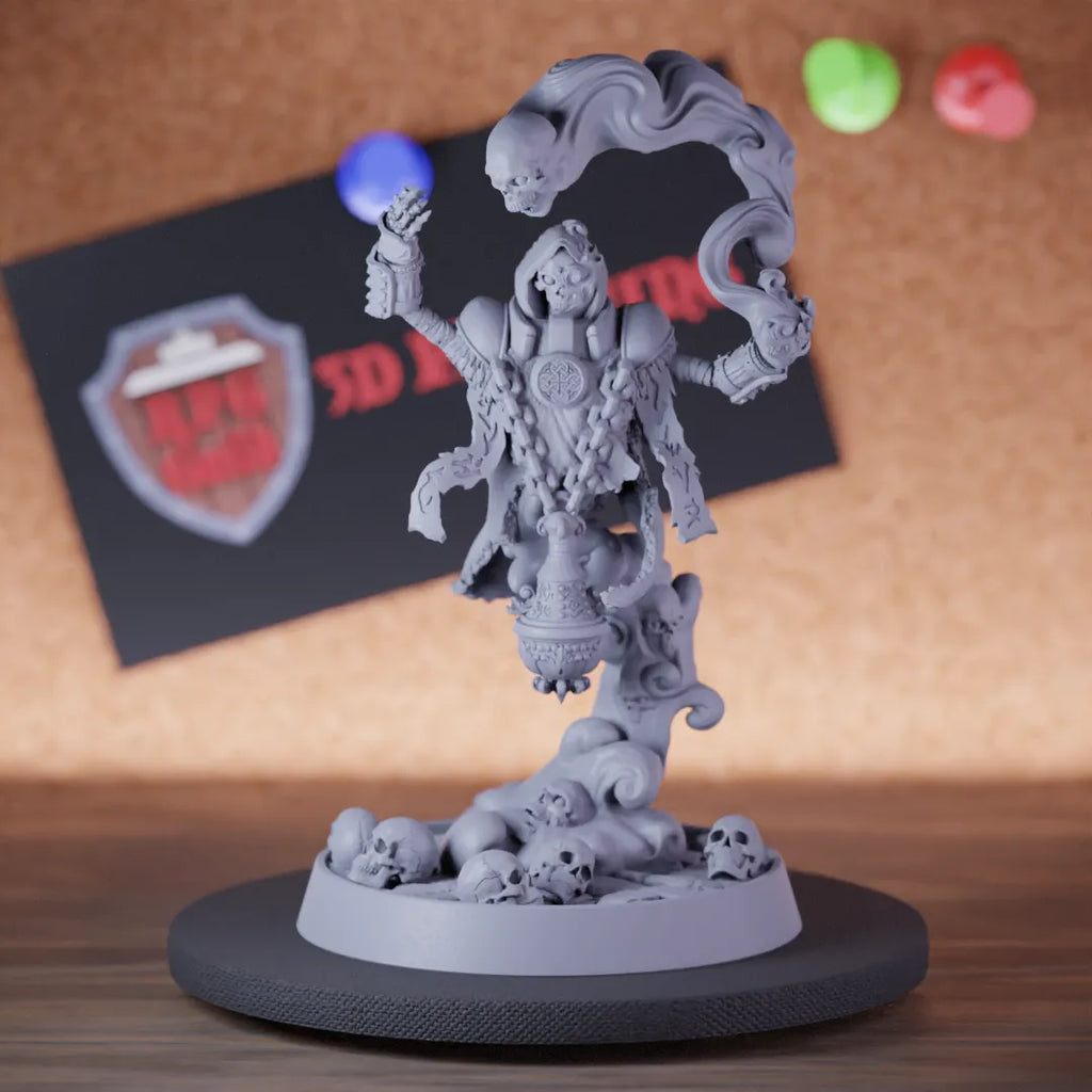 Highly detailed undead lich ghost miniature of Darkcaster, perfect for DnD 5e encounters, fantasy tabletop RPG campaigns, painting and display.