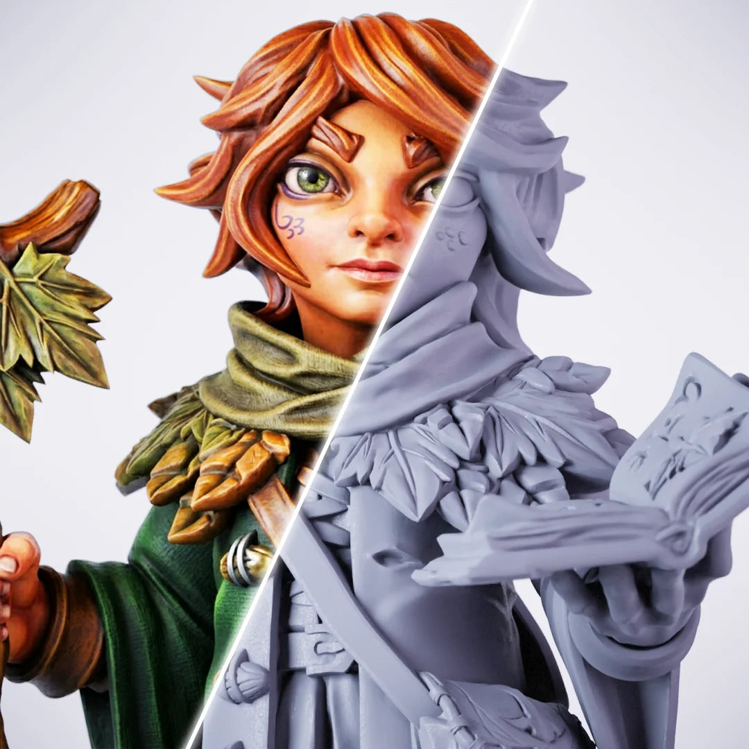 Deeproot Lurikeen – painted/unpainted split view of a small female gnome or forest-fey miniature with pointed ears, auburn hair, freckles, and a green cloak, holding an oversized leaf