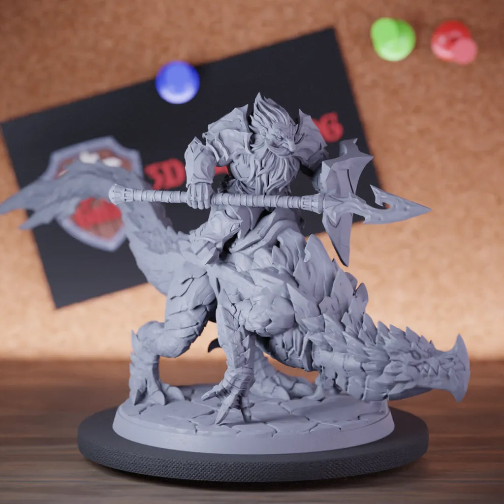 Highly detailed fighter dwarf rider spear dragonling miniature of Delani, perfect for DnD 5e encounters, fantasy tabletop RPG campaigns, painting and display.