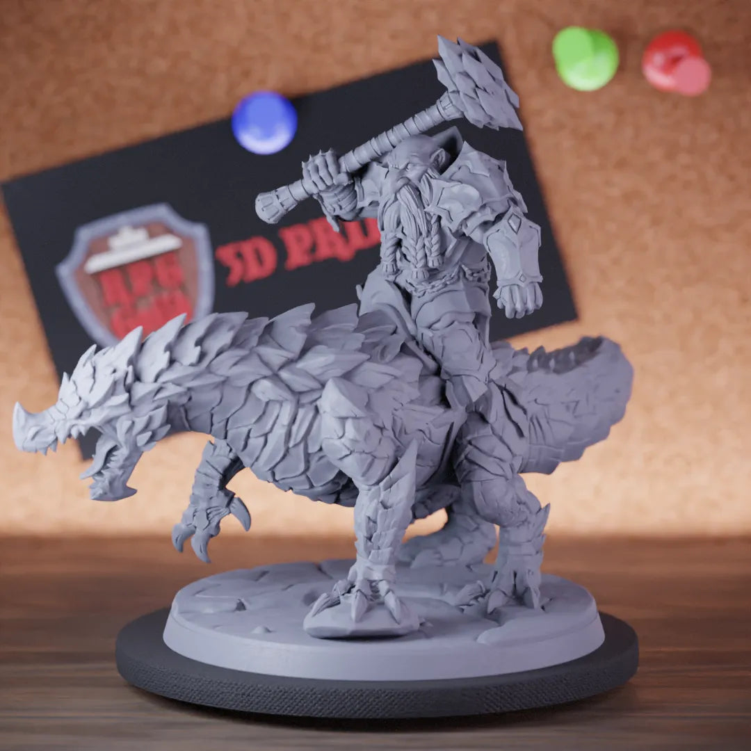 Highly detailed barbarian dwarf rider dragonling miniature of Delani, perfect for DnD 5e encounters, fantasy tabletop RPG campaigns, painting and display.