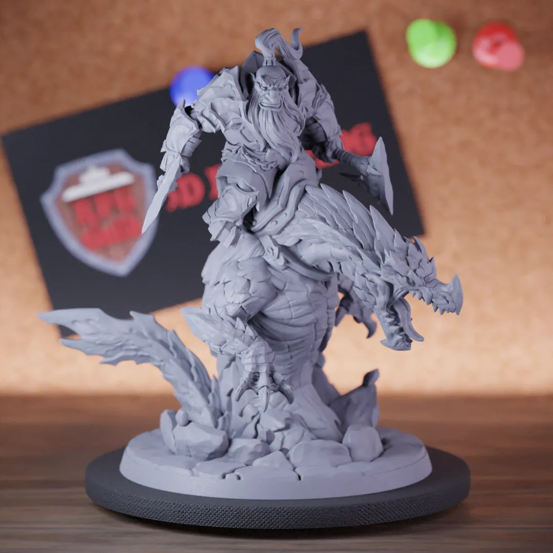 Highly detailed fighter dwarf rider axe dragonling miniature of Delani, perfect for DnD 5e encounters, fantasy tabletop RPG campaigns, painting and display.