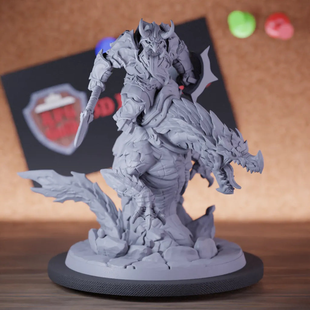Highly detailed dwarf rider cursed dragonling miniature of Delani, perfect for DnD 5e encounters, fantasy tabletop RPG campaigns, painting and display.