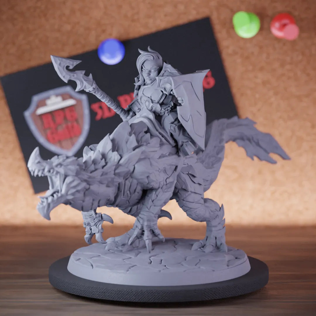 Highly detailed female barbarian lesser dwarf warrior rider miniature of Delani, perfect for DnD 5e encounters, fantasy tabletop RPG campaigns, painting and display.